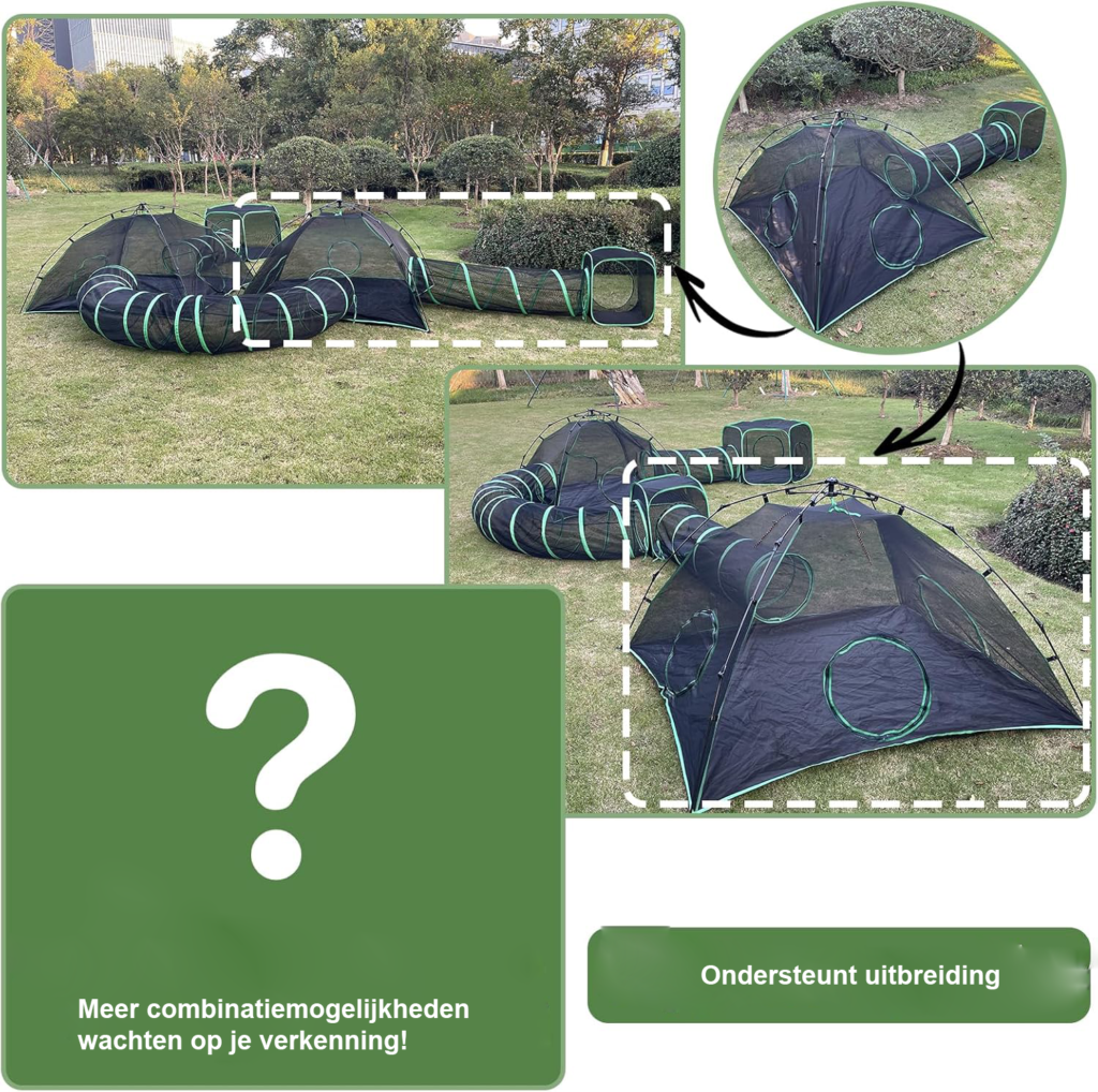 3-in-1 kattenverblijf met dome tent, tunnel en cube voor katten en kleine dieren buiten