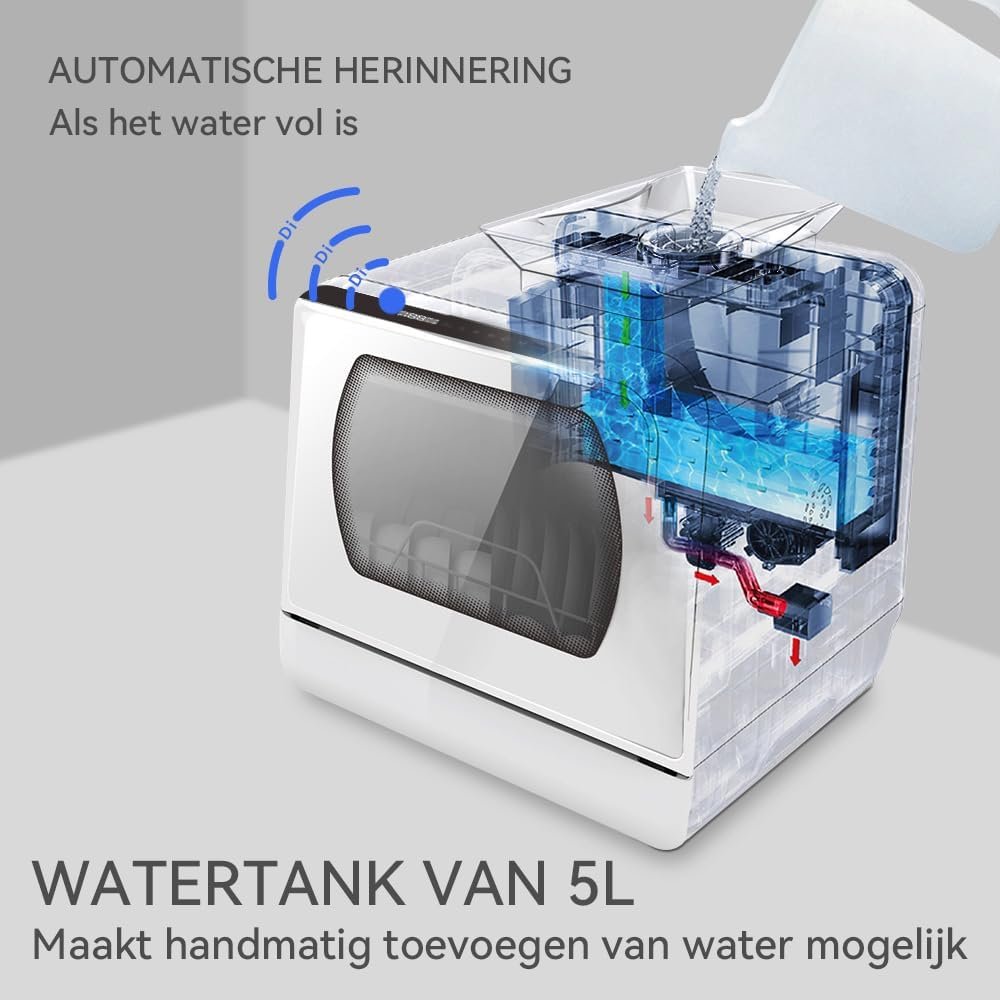 Mini afwasmachine tafelmodel met witte glazen deur voor 4 besteksets en gebruik met of zonder wateraansluiting