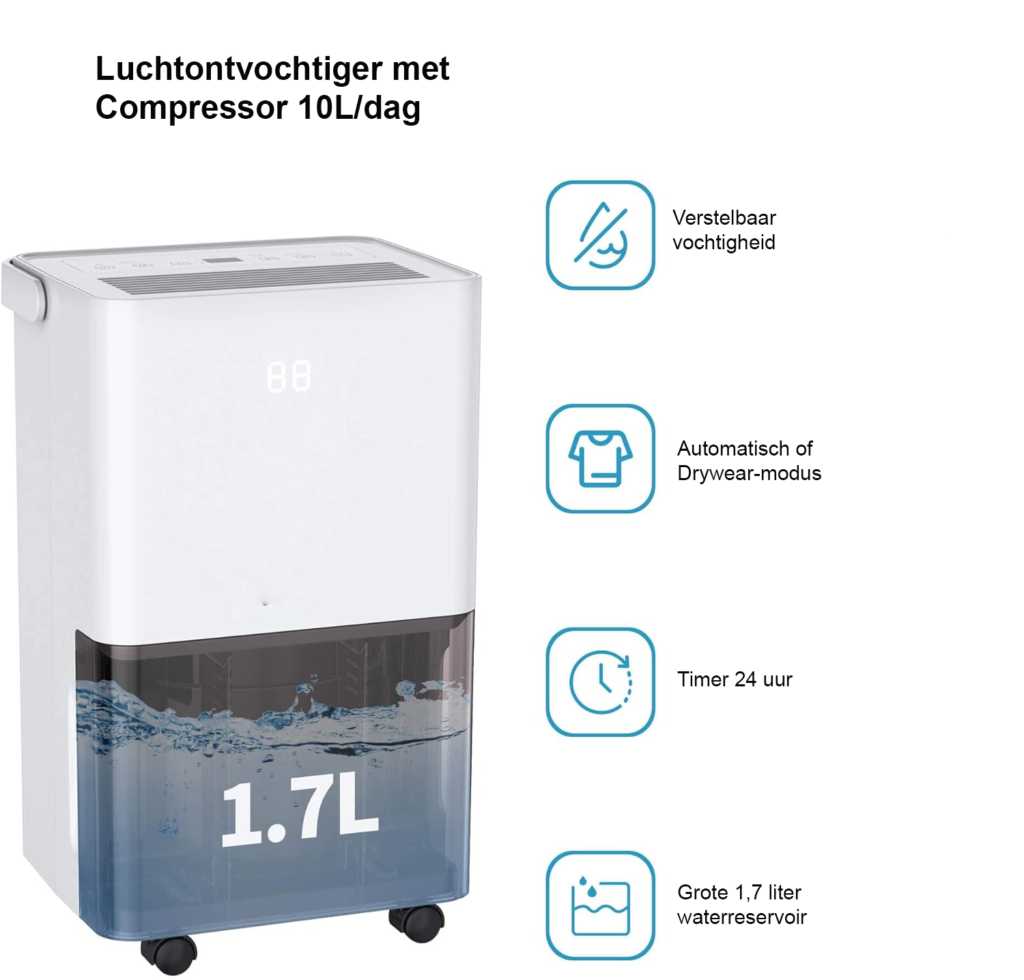Stille luchtontvochtiger 10L per dag voor ruimtes tot 15m² met 24-uurs timer en transparante watertank voor wasdrogen en ontvochtiging