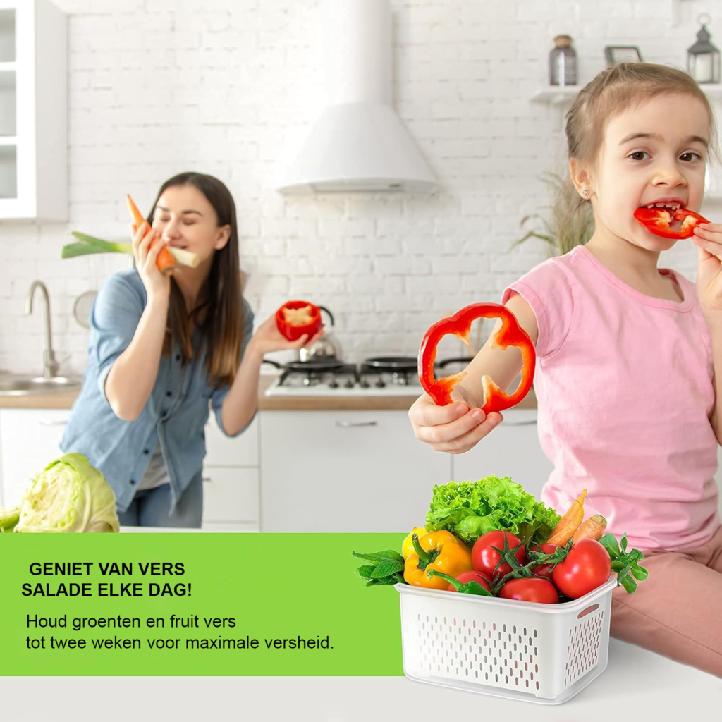Luchtdichte koelkast organizer set van 3 met stapelbare opbergdozen, deksels en drainagemandjes voor groente en fruit