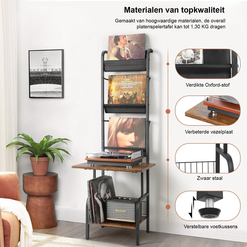 Vinyl platenstandaard met opbergruimte voor LP albums en turntable, wandmontage platenrek tot 200 albums