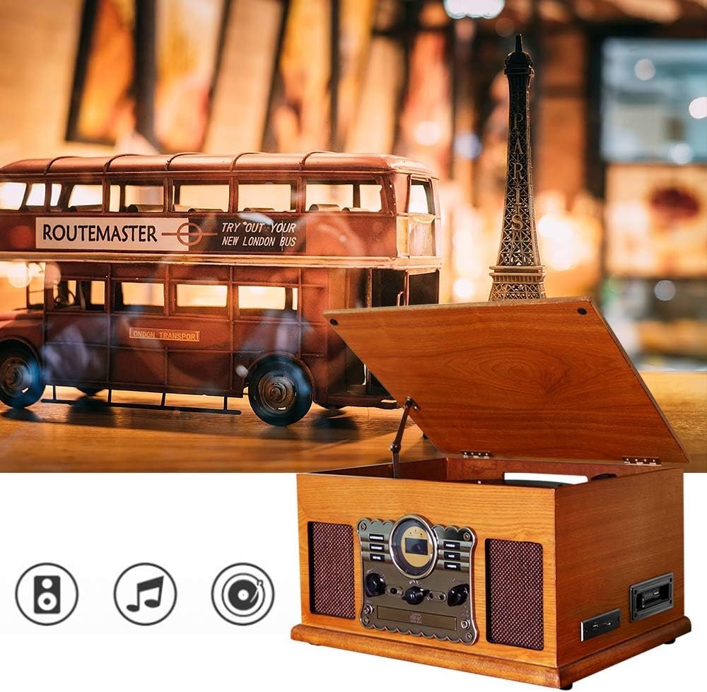 Vintage 7-in-1 platenspeler met CD- en cassettedeck, USB-speler, ingebouwde stereo speakers en 3,5 mm AUX-ingang in houten ontwerp zonder Bluetooth