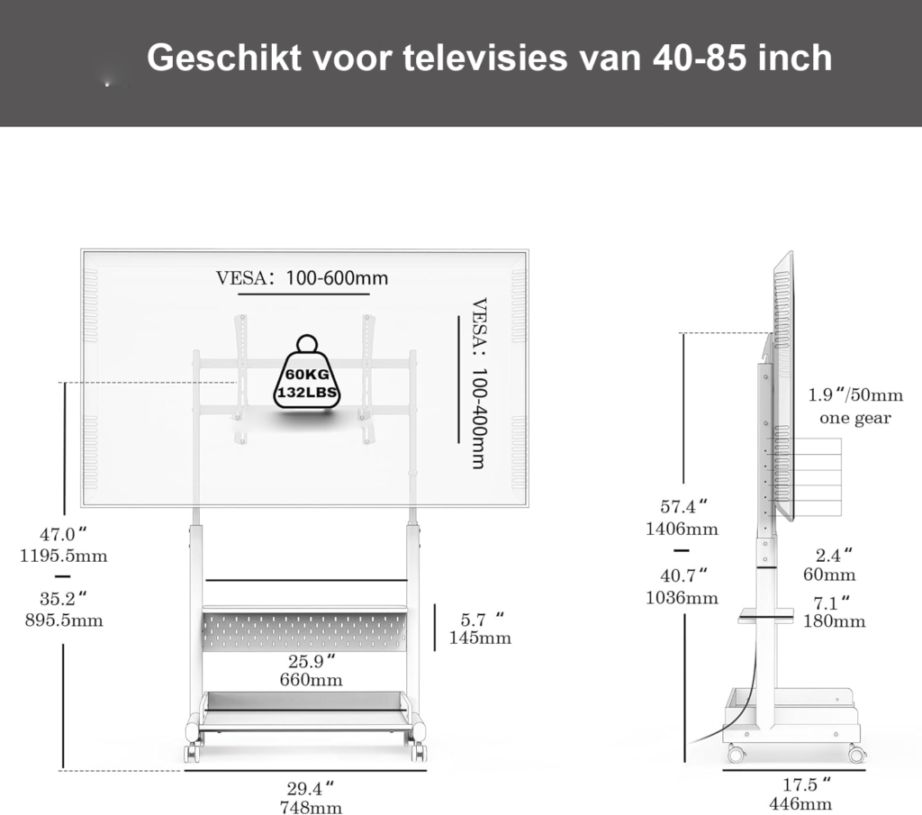 Mobiele TV standaard op wielen voor 40-85 inch tv met houten basis en verstelbare vloerstandaard