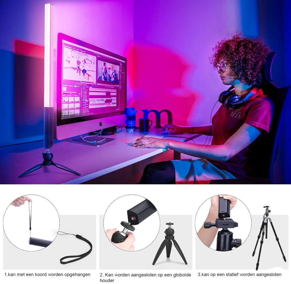 RGB LED videolamp met 36 kleuren, dimbare lichtstaaf voor fotografie en video met 12 lichtmodi en 3000K-6000K kleurtemperatuur