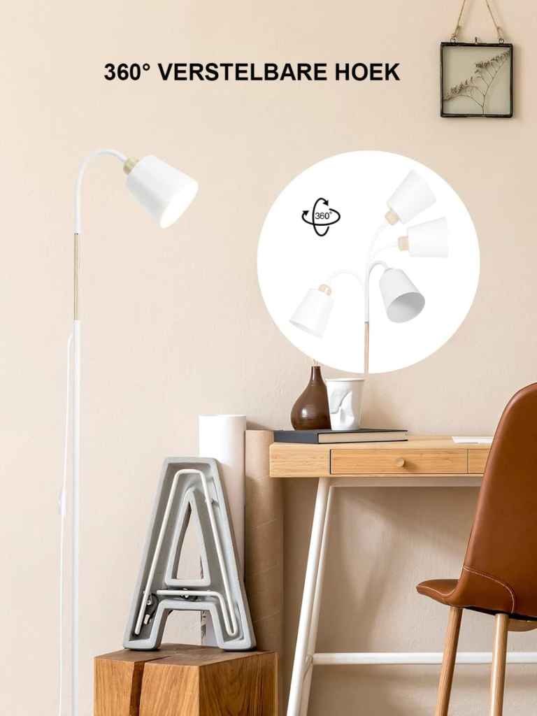 Witte 360° draaibare staande vloerlamp met metalen frame, E27 fitting tot 60W voor woonkamer of slaapkamer, hoogte 159 cm