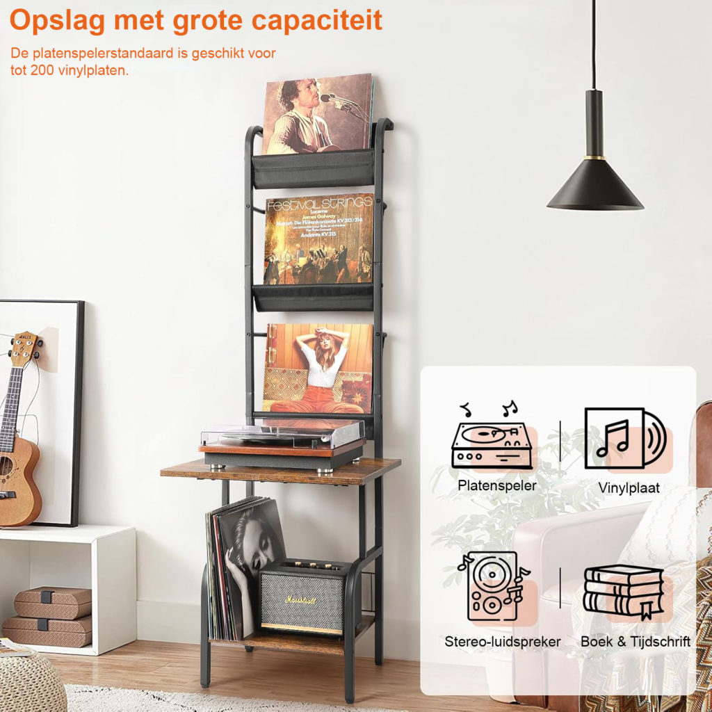 Vinyl platenstandaard met opbergruimte voor LP albums en turntable, wandmontage platenrek tot 200 albums