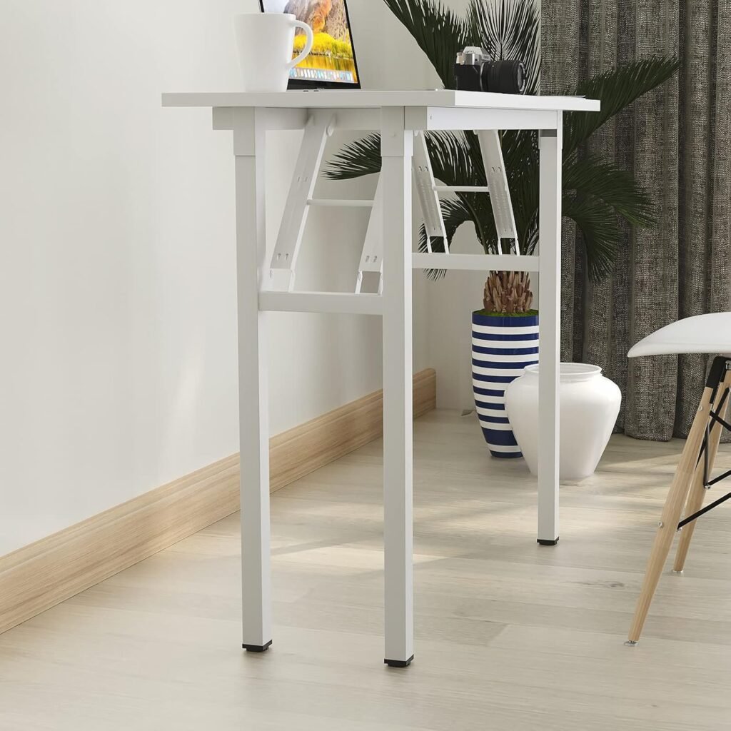 Opvouwbaar computer bureau wit met houten blad en metalen frame, 80x40x75 cm inklapbare muurtafel voor thuis en gaming