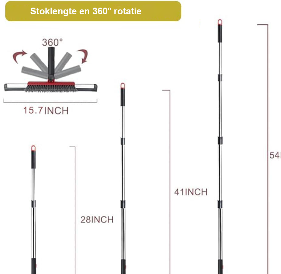 Vloerwisser schrobber squeegee 54 inch verstelbaar handvat met voegenborstel badkamer keuken tegels glas vloerreiniger multifunctioneel rood schoonmaaktool