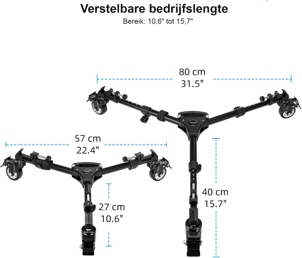 Tripod trolley met 7,5 cm rubberen wielen voor statieven en verlichtingshouders met 30 kg draagvermogen
