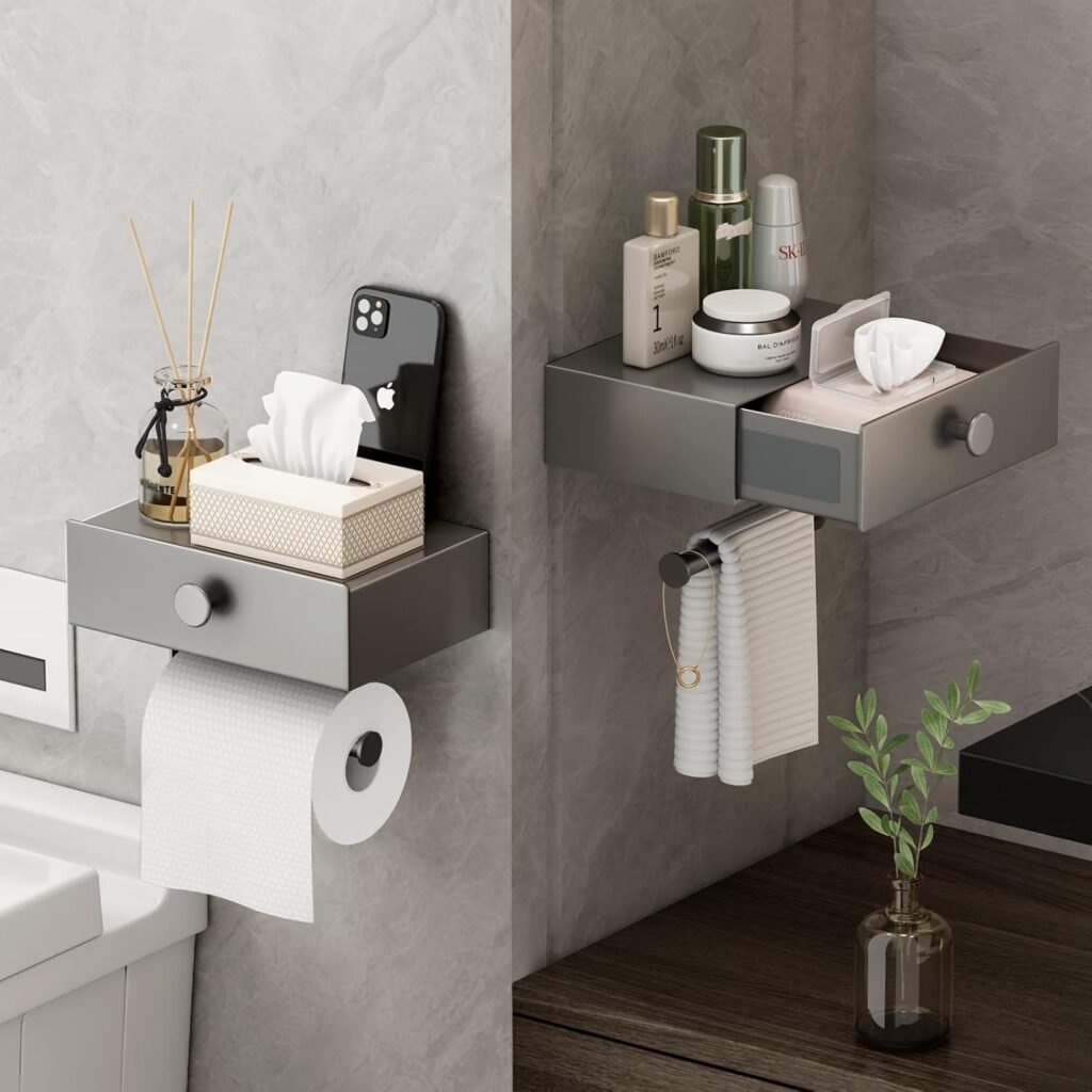 Toiletpapierhouder met plank en ladeopslag - Zelfklevende wc rol houder wandmontage - Badkamer organizer met opberglade - Grijs
