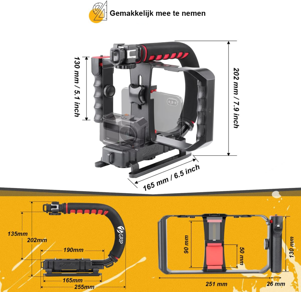 Handstabilisator video stabilizer met hot shoe voor camera en smartphone schokabsorberend voor vloggen en content creatie