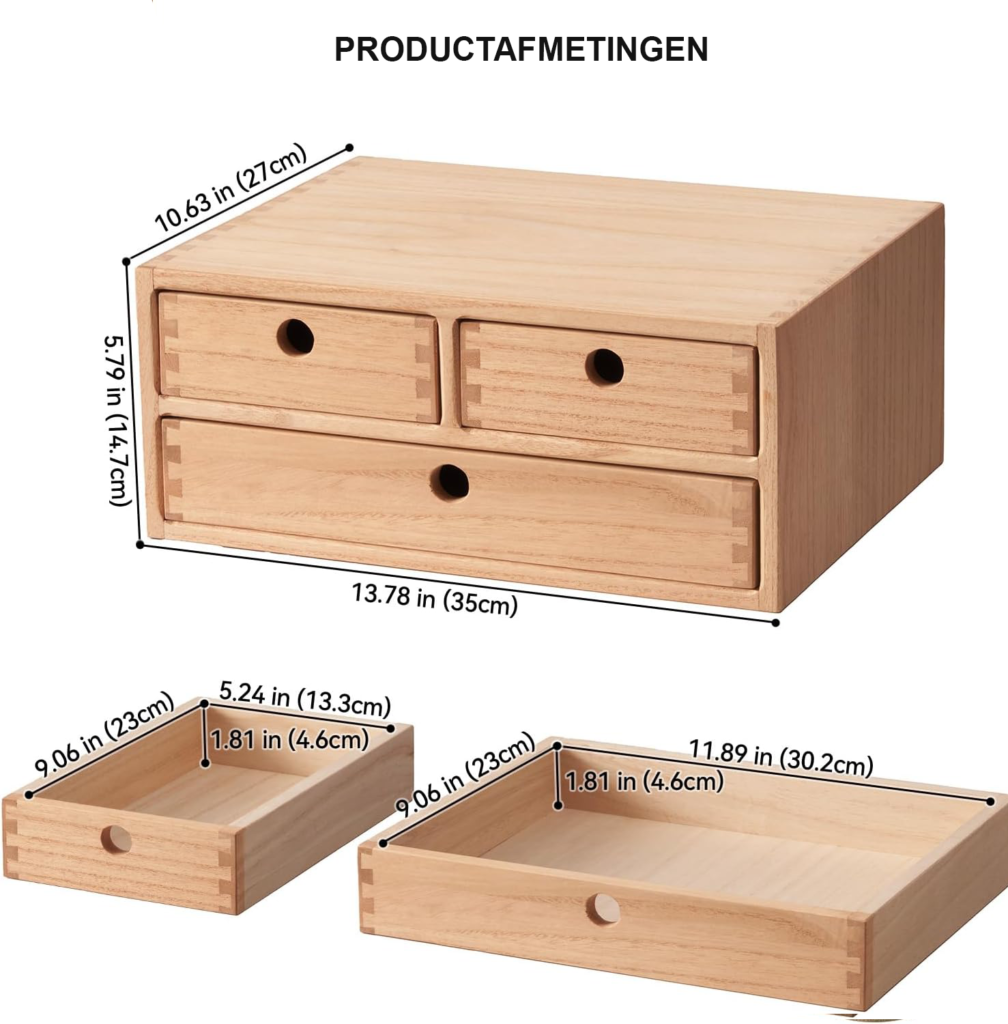 Houten bureau organizer met 3 lades voor kantoorbenodigdheden en sieraden opbergen