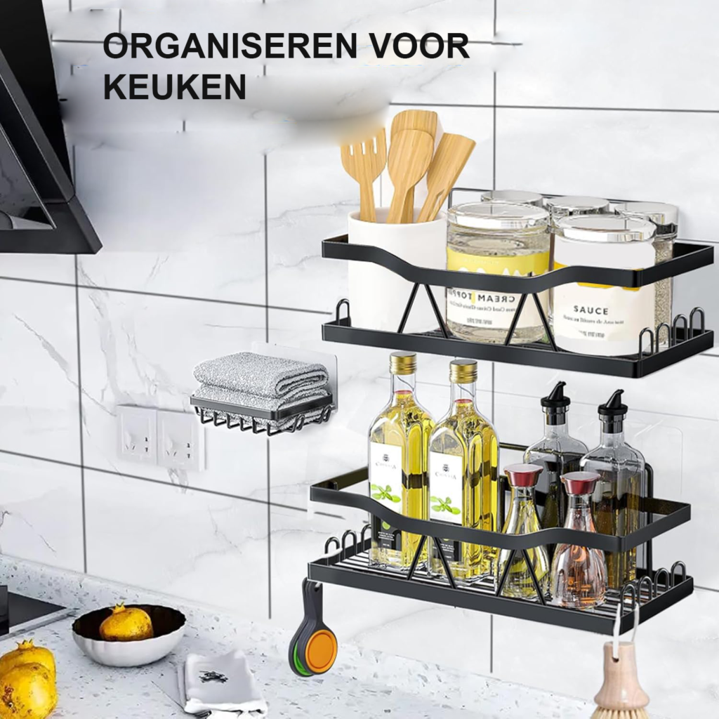 Zwarte RVS doucheplank zonder boren met 8 haken, set van 3 voor badkamer en keukenorganisatie