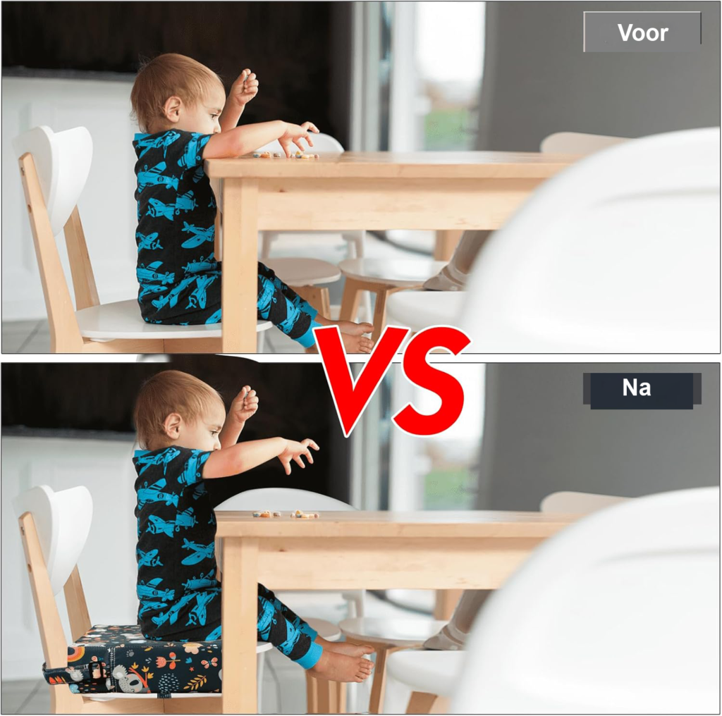 Zwarte peuter verhoogstoel voor eettafel met wasbaar verhoogkussen en bevestigingsriemen