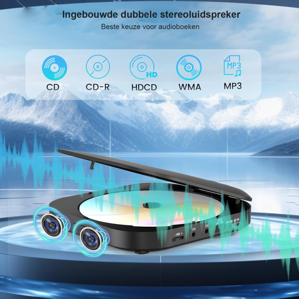 Draagbare CD speler met Bluetooth en oplaadbare functie, FM radio en stereo speakers
