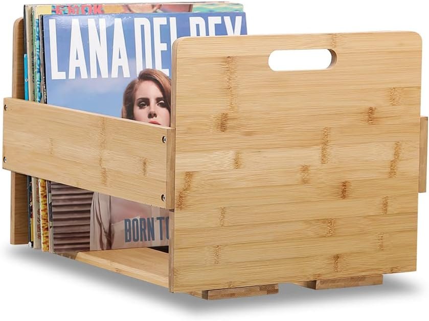 Bamboe LP opbergkrat voor vinyl platen, albums en grammofoonplaten met retro design en ruimte voor 80 platen