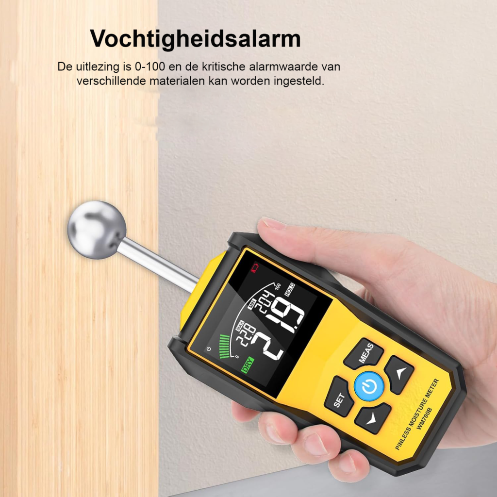 Digitale vochtmeter met LCD-display voor muren, vloeren en bouwmaterialen met 5-40 mm meetdiepte en geluidsalarm