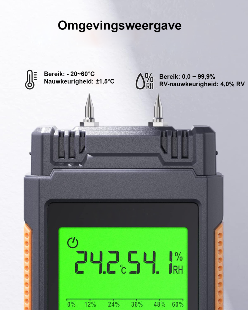 Digitale vochtmeter voor muren en hout met LCD display, pinmeting, tri-color backlight en 7 kalibratieschalen.