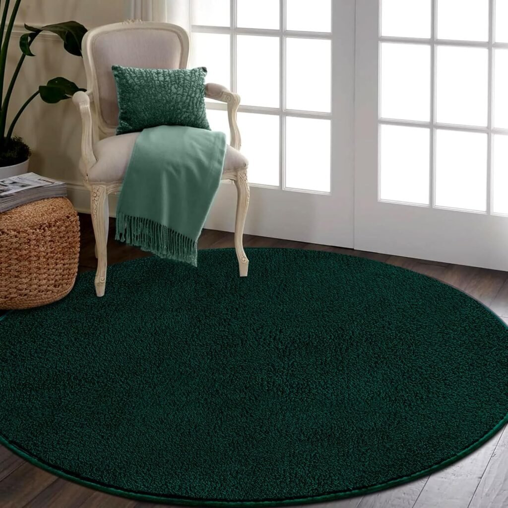 Rond groen vloerkleed 80 cm van zacht microvezel met hoogpolige shaggy structuur voor woonkamer en slaapkamer