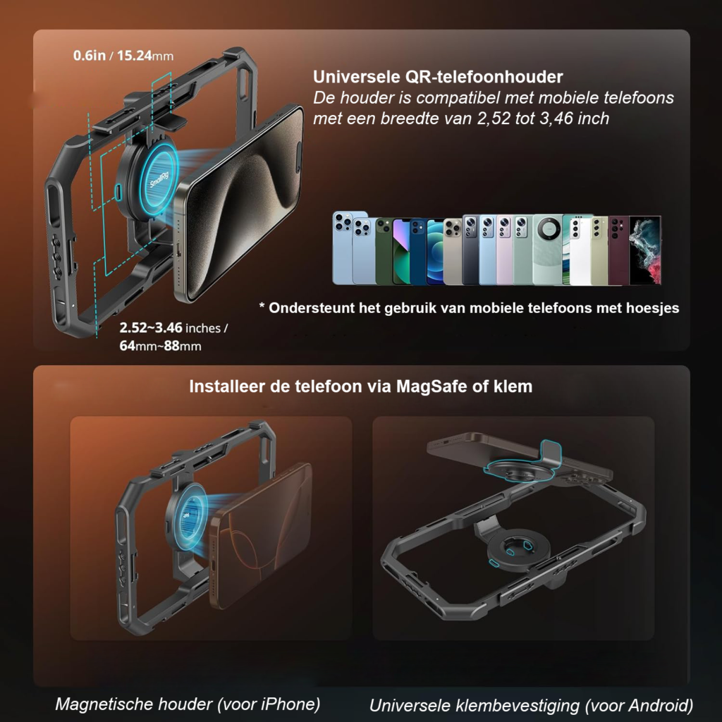Smartphone video rig kit met LED en microfoon stabilizer voor vloggen quick release statief met dubbele handgrepen en powerbank houder voor stabiele smartphone video opname