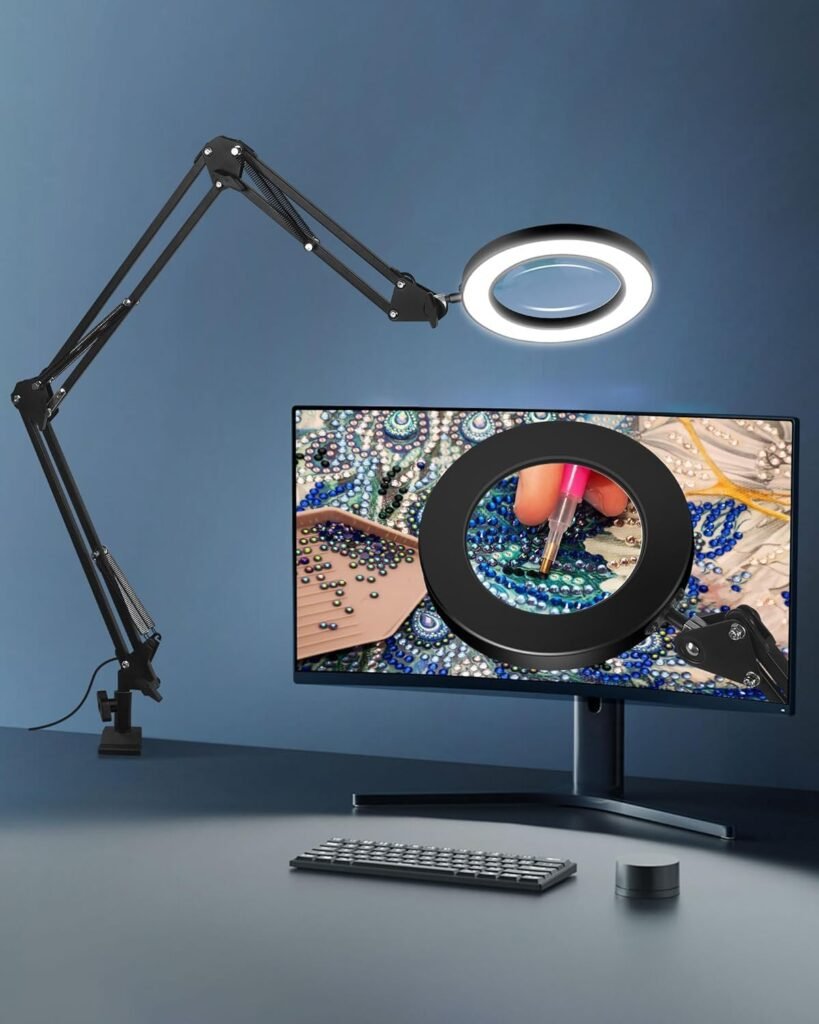 Vergrootlamp met licht en uitschuifbare arm 10x vergroting klemvergrootglas verstelbare LED verlichting 5 kleurmodi stabiele bureaubevestiging gedetailleerd zicht