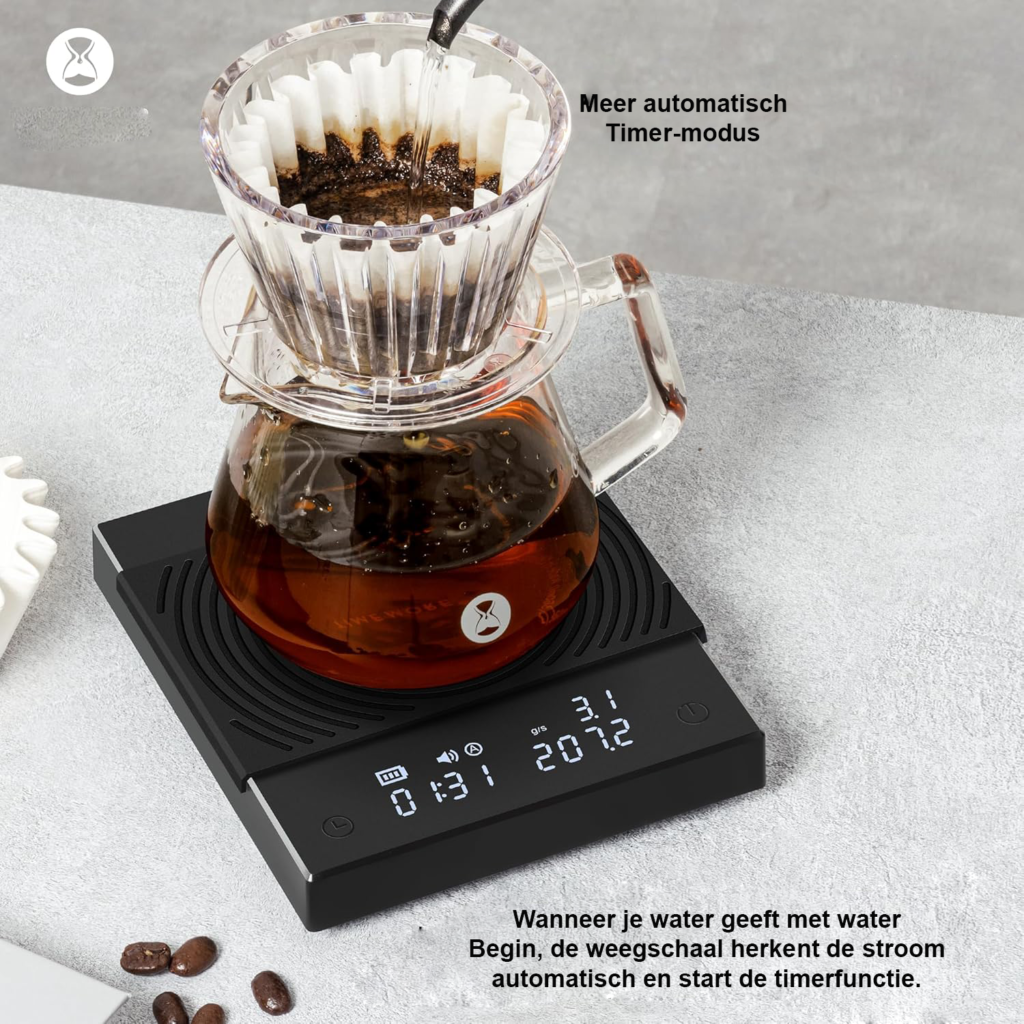 Digitale koffieweegschaal met timer en 0,1 g precisie voor espresso en pour-over koffie zwart