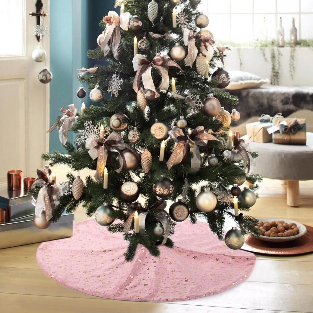 Kerstboomrok Pluche Roze met Sterren - Rond Kerstboomkleed van Nepbont - Kerstdecoratie voor Kerstboomstandaard - 48 inch