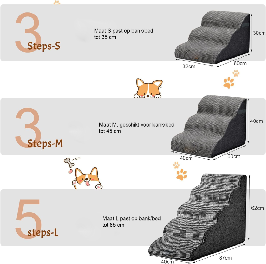 Hondentrap 40 cm met 3 treden, schuim, wasbare hoes en antislip onderkant voor kleine honden
