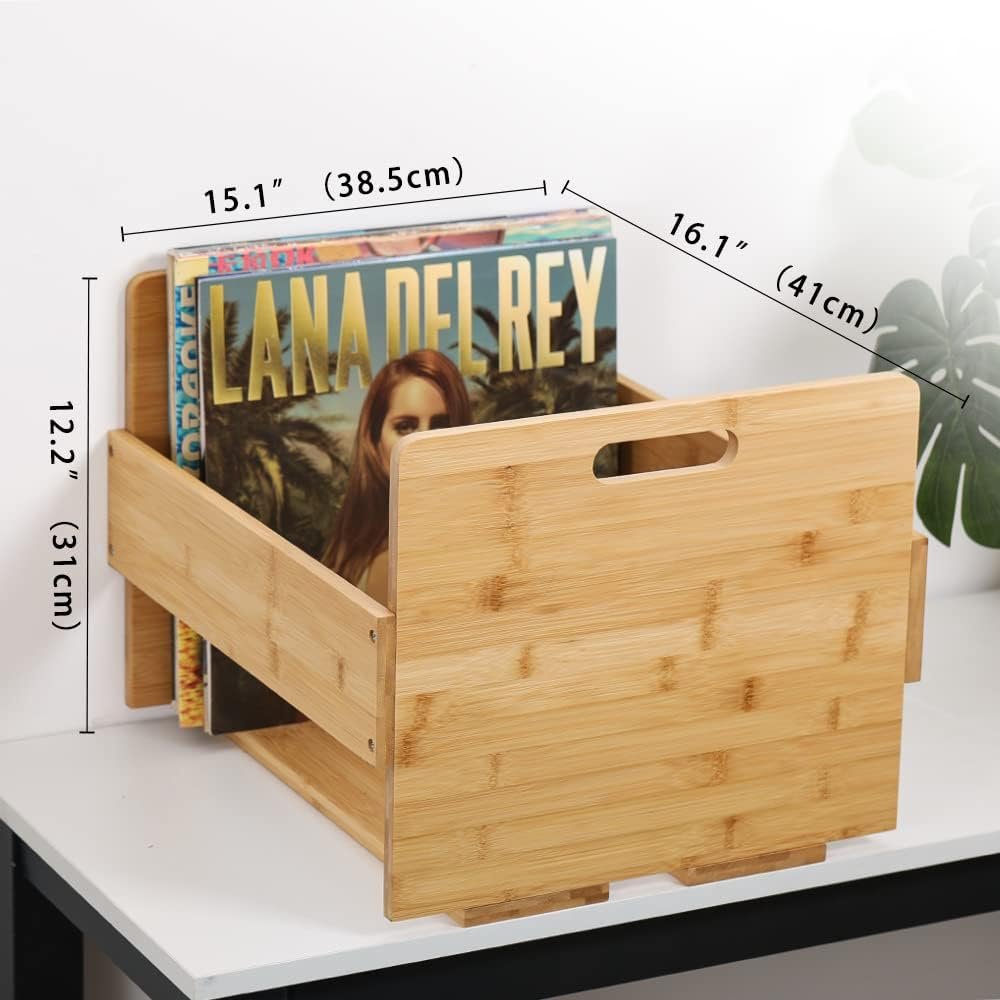 Bamboe LP opbergkrat voor vinyl platen, albums en grammofoonplaten met retro design en ruimte voor 80 platen
