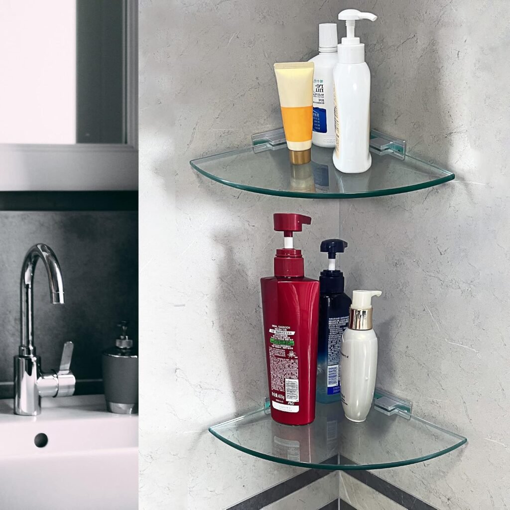 Badkamer glazen plank set 2 stuks met driehoekige douche caddy, gehard glas 8mm en aluminium wandbeugels voor shampoo en badkameraccessoires