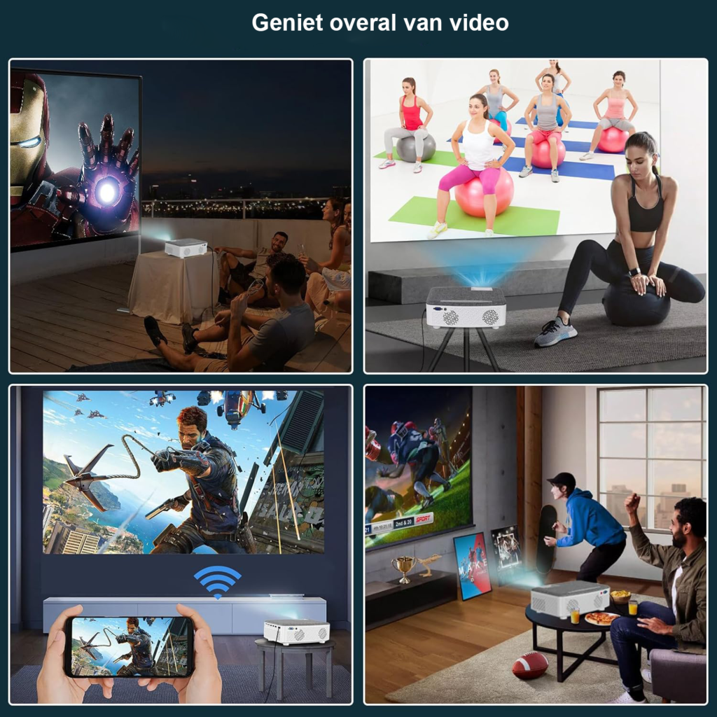 WiFi beamer 7500 lumen projector 120 inch scherm draadloze WLAN Bluetooth 1080p compatibel smartphone tablet Fire Stick ingebouwde luidspreker
