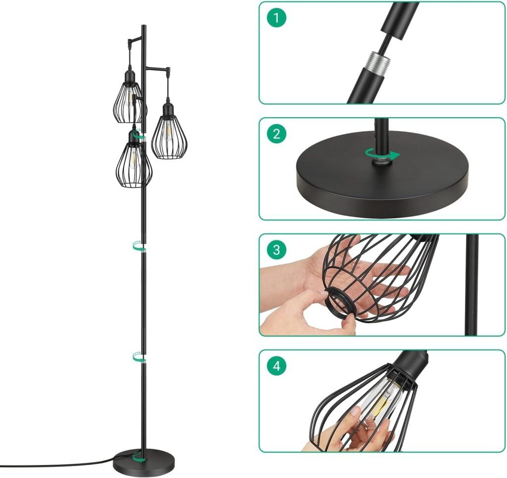 Moderne zwarte vloerlamp 166 cm met drie metalen kappen en LED E27 verlichting voor woonkamer en slaapkamer