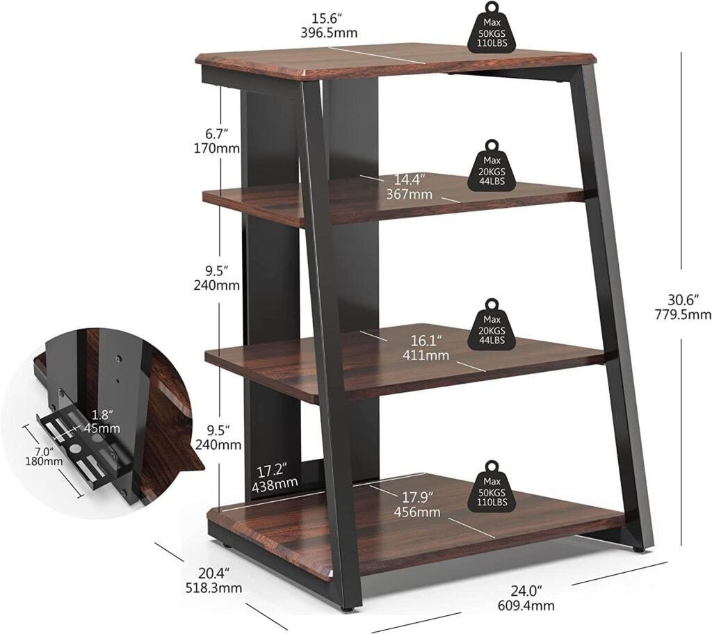 HIFI kast met 4 planken van hout en staal voor audioapparatuur, videoapparatuur en multimedia opslag in de woonkamer