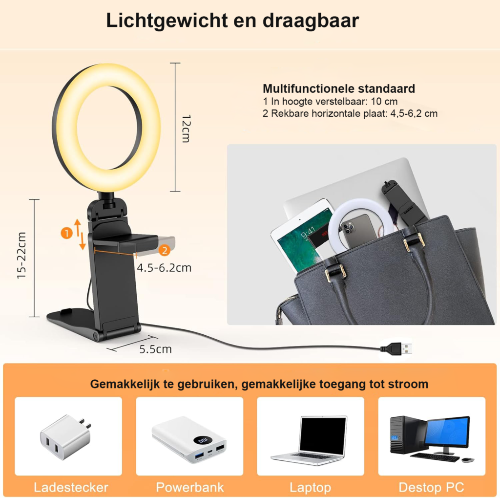 Ring light set van 2 met statief en telefoonhouder voor laptop, monitor, bureau en videoconferentie verlichting