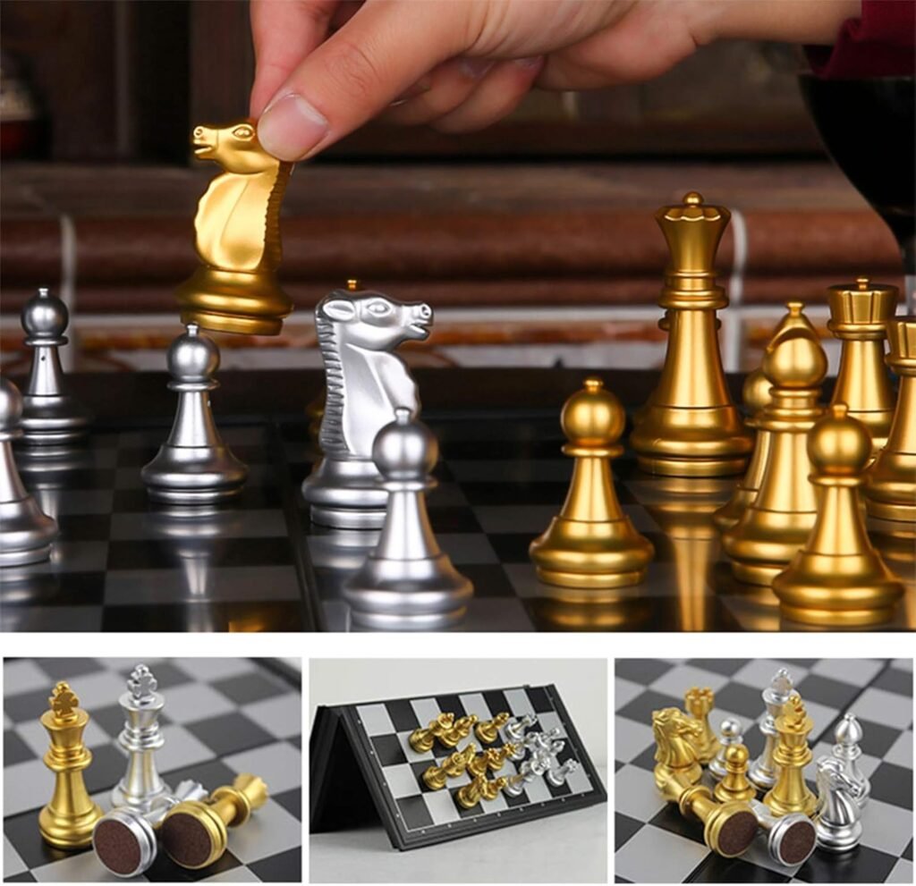 Magnetisch schaakspel met goud en zilver schaakstukken, opvouwbaar schaakbord 36x36 cm met opbergruimte voor kinderen en volwassenen