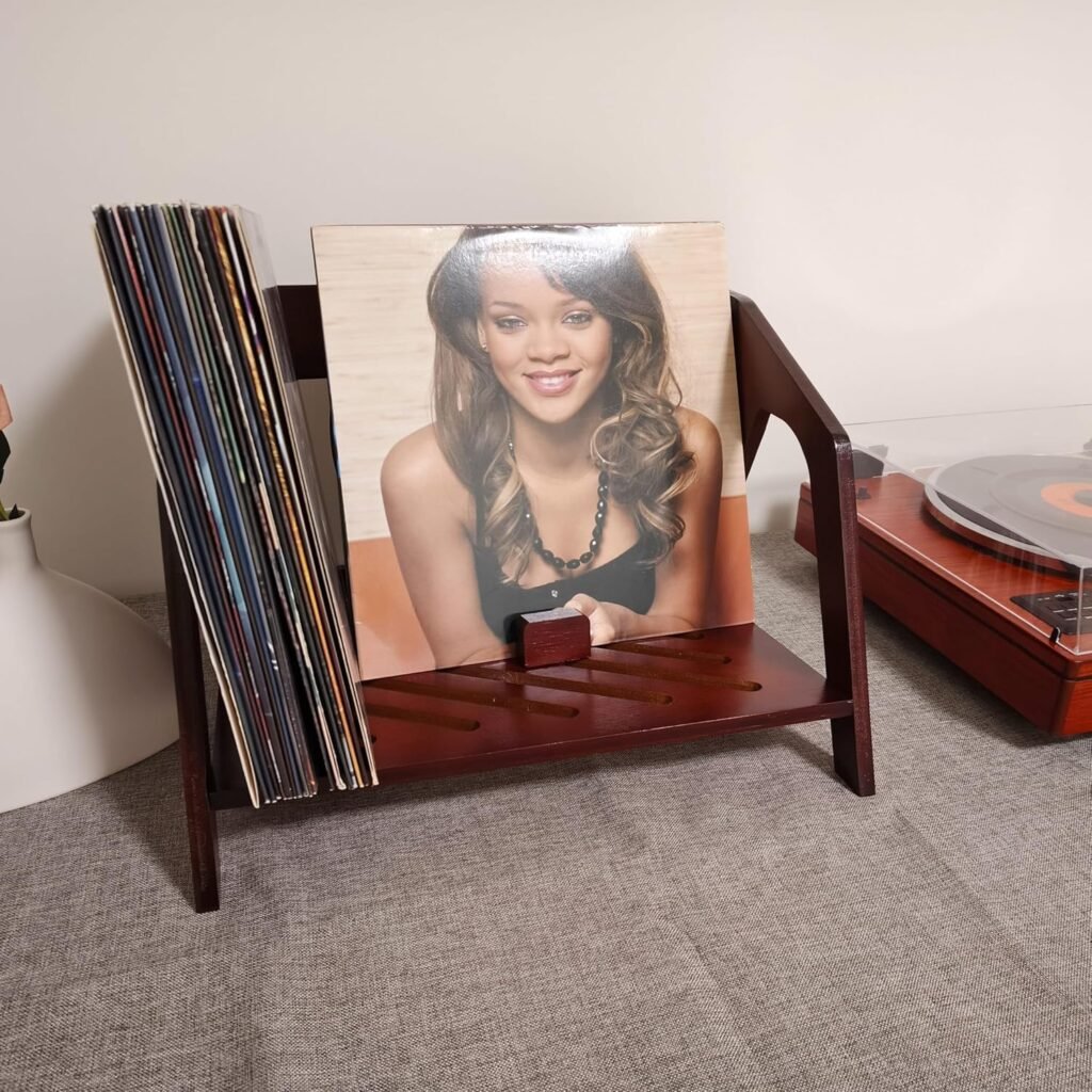Bamboe vinyl platenhouder in stoelvorm voor LP opslag en CD houder in bruin