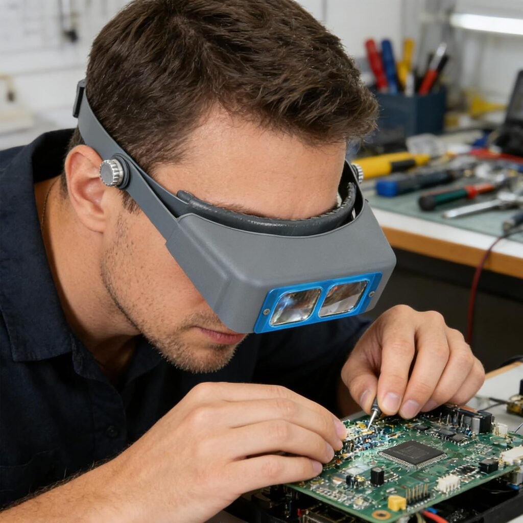 Grijze hoofdband loepbril met verwisselbare lenzen en 1.5X tot 3.5X vergroting voor hobby en reparatie