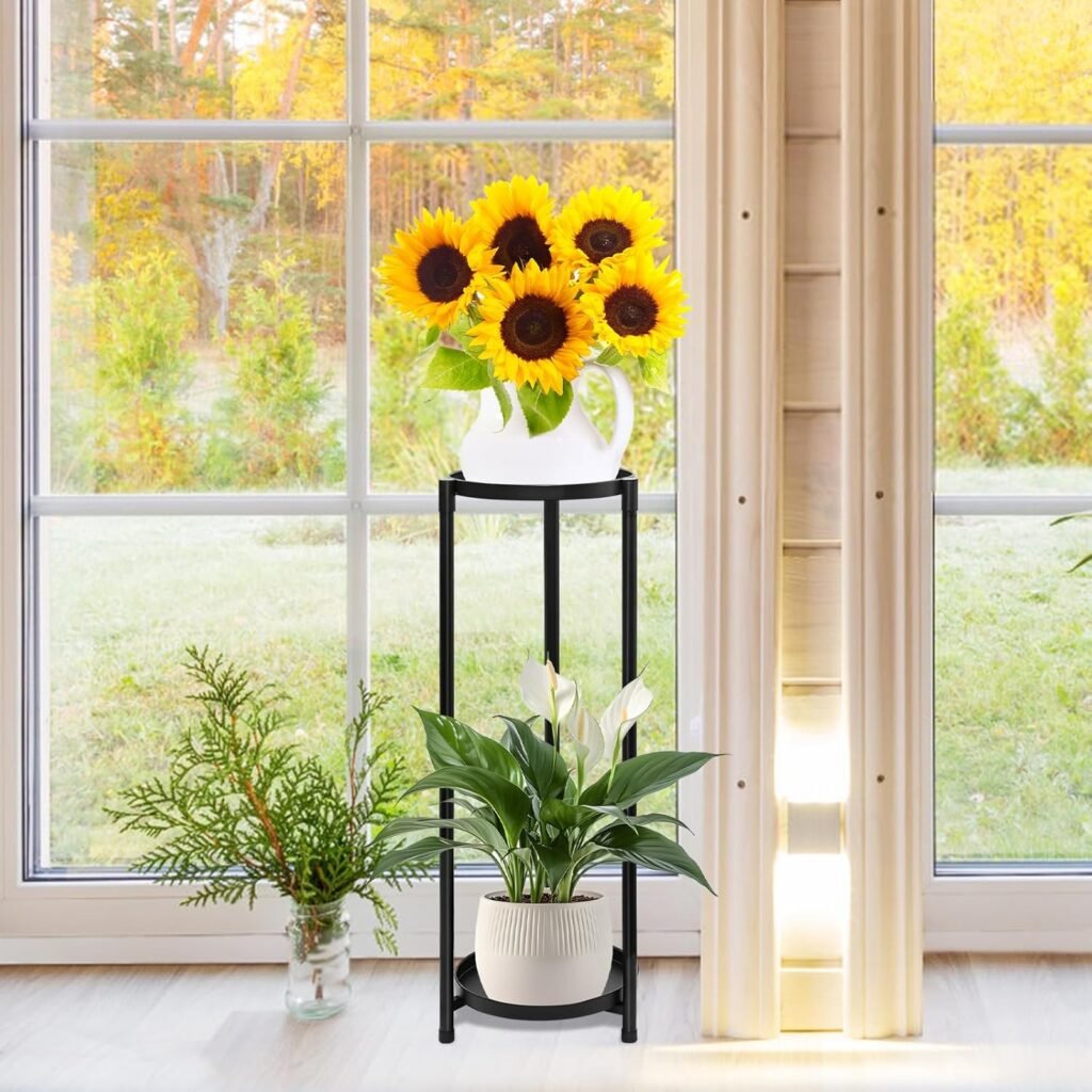 Zwart metalen plantenrek met 2 lagen voor bloemen en planten binnen en buiten
