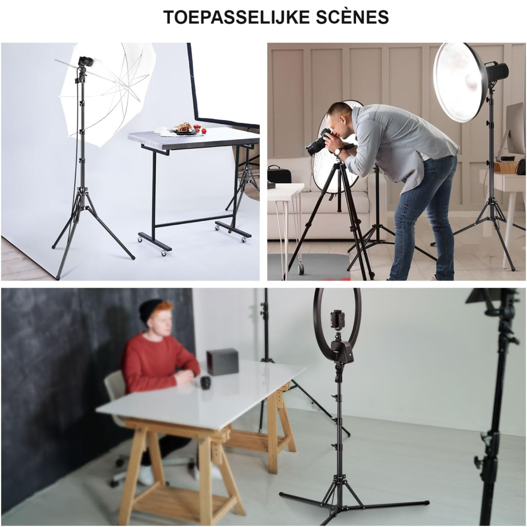 Camerastatief 178 cm - Metalen Tripod met Draagtas - Omkeerbare Poten voor Ringlamp, Softbox en Fotografie - 1/4 inch Schroefdraad