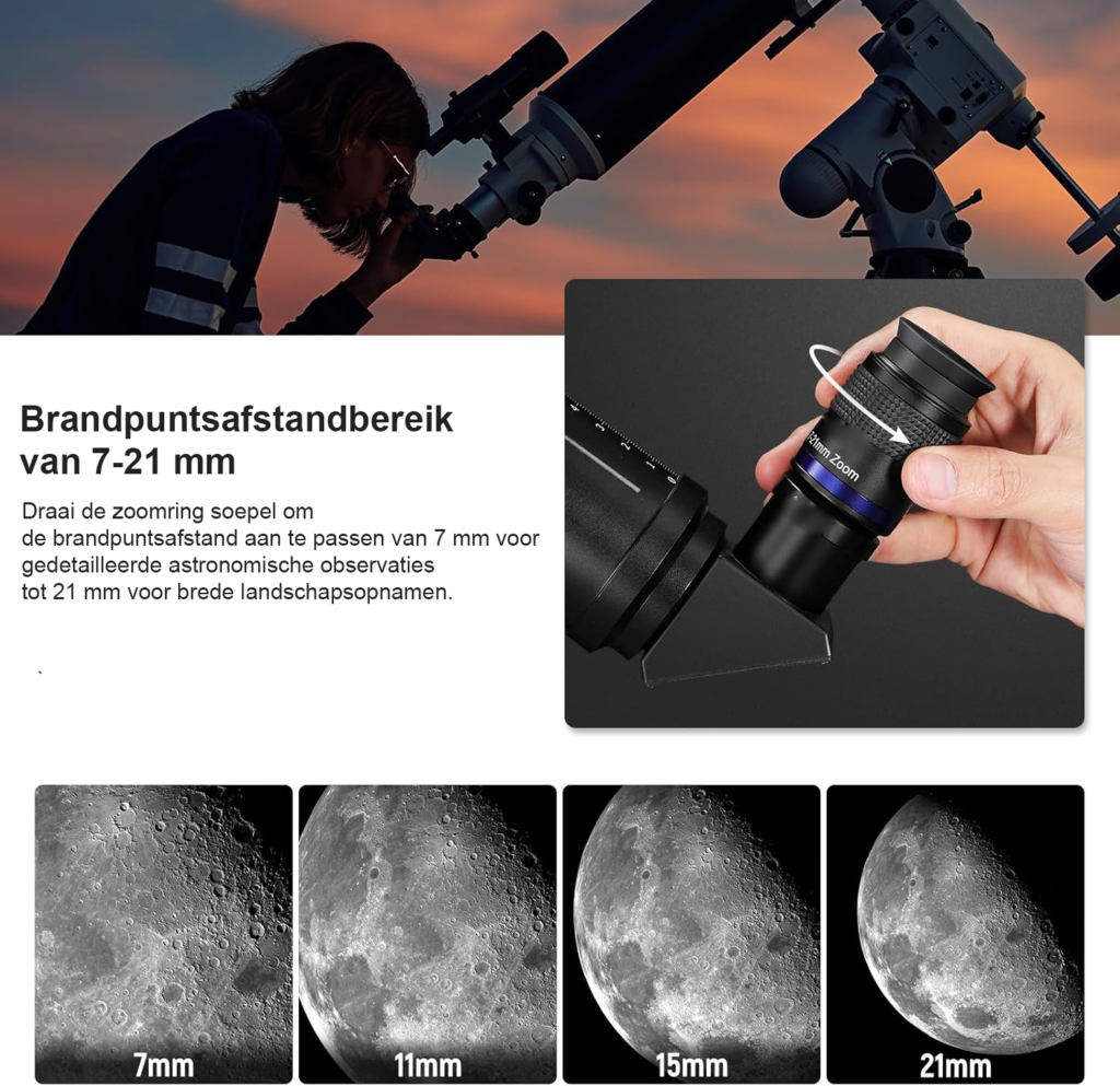 Zoom oculair voor telescoop 7-21mm met verstelbare brandpuntsafstand en 1,25 inch aansluiting voor astronomische observatie