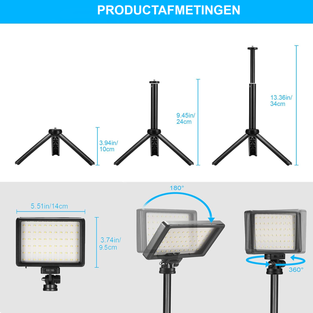 LED videolamp set van 2 met dimbare 5600K USB verlichting, mini statief en kleurfilters voor video-opnames en fotografie
