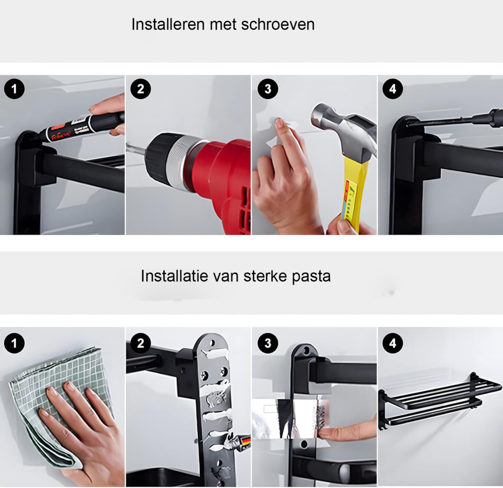Grijze zelfklevende handdoekhouder met plank voor badkamer, 2-laags wandgemonteerd handdoekenrek van 58 cm