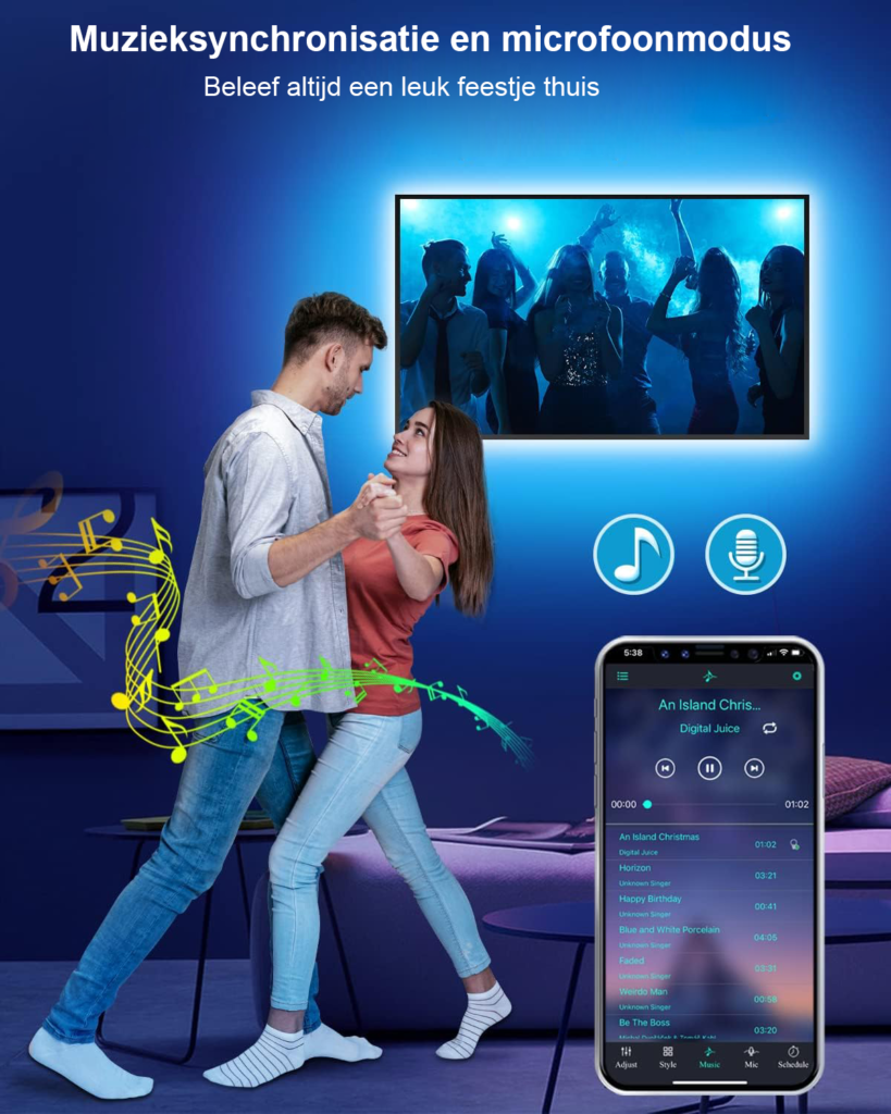 TV LED achtergrondverlichting 5 meter met RGB kleuren, USB aansluiting en app bediening voor TV en monitor