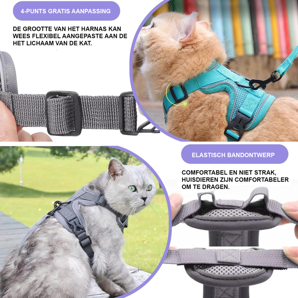 Verstelbaar kattenharnas met 150 cm lijn van polyester voor kittens en katten in maat M