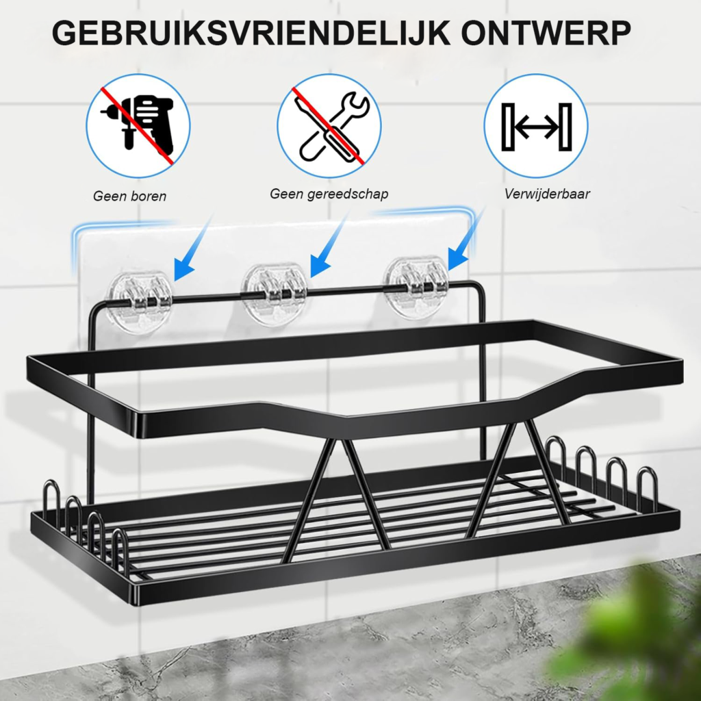 Zwarte RVS doucheplank zonder boren met 8 haken, set van 3 voor badkamer en keukenorganisatie