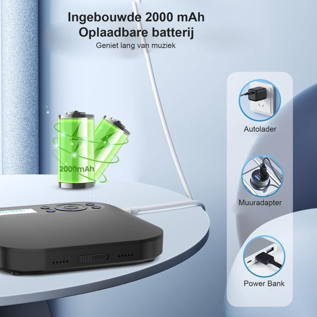 Draagbare CD speler met Bluetooth en oplaadbare functie, FM radio en stereo speakers