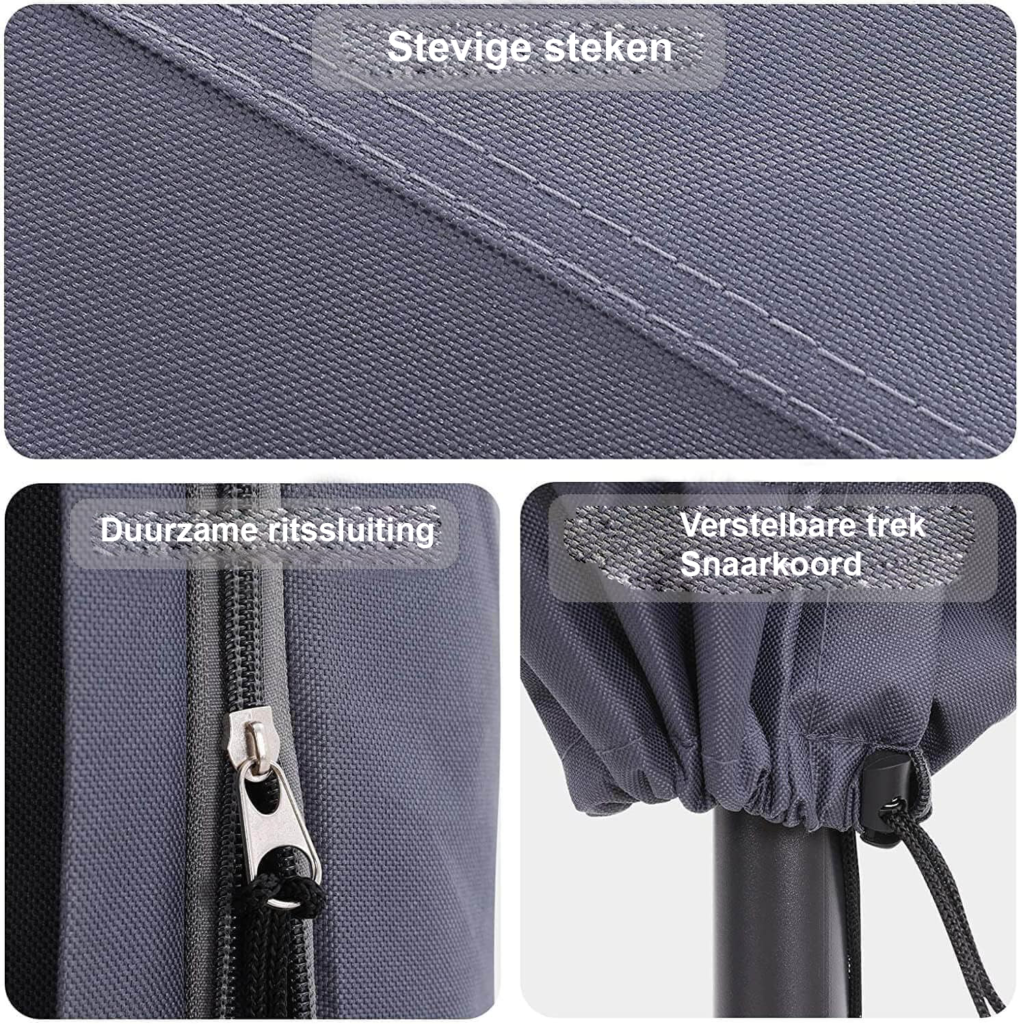 Parasolhoes grijs waterdicht 600D Oxford beschermhoes met rits voor tuinparasol 1.8 tot 3.4 meter UV en regenbescherming 190x25x48 cm