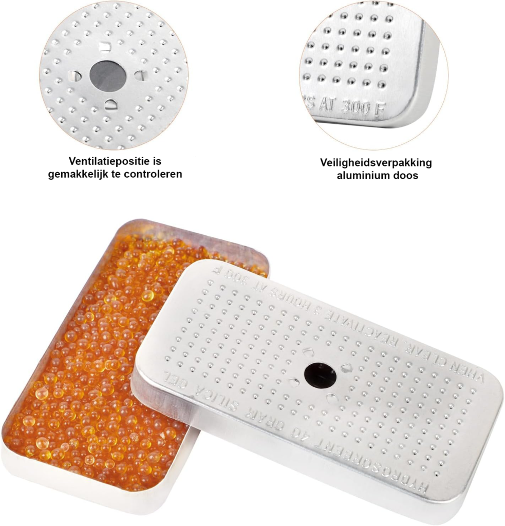 Silica gel ontvochtiger set 4x 40g met herbruikbare vochtvreters voor camera's, laden en opbergboxen