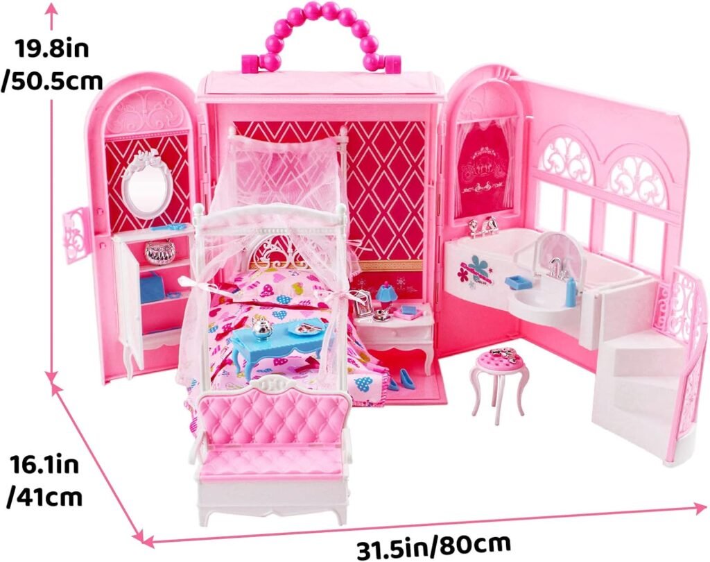 Roze draagbaar poppenhuis met speeltas en prinsessenkamer meubels, opvouwbaar ontwerp voor kinderen