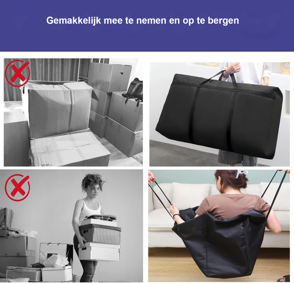 Set van 2 XXL opbergtassen 180L van waterdicht 600D Oxford met rits en handvatten voor kleding, dekbedden en verhuizing